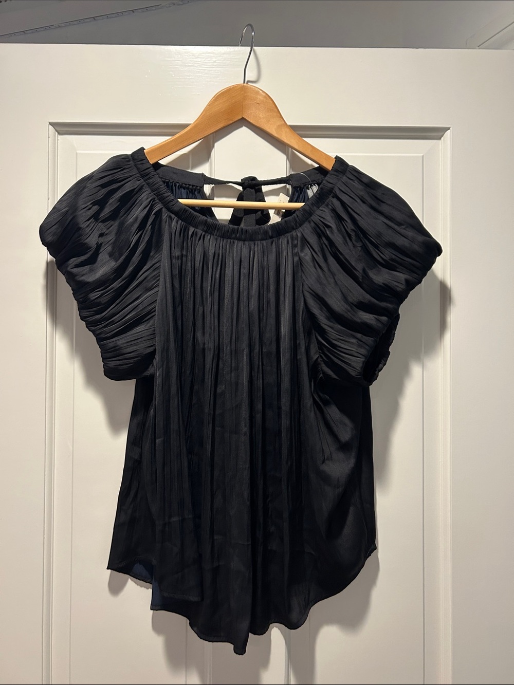 Anthropologie Black Pleated Short-Sleeve Blouse with Tie Back